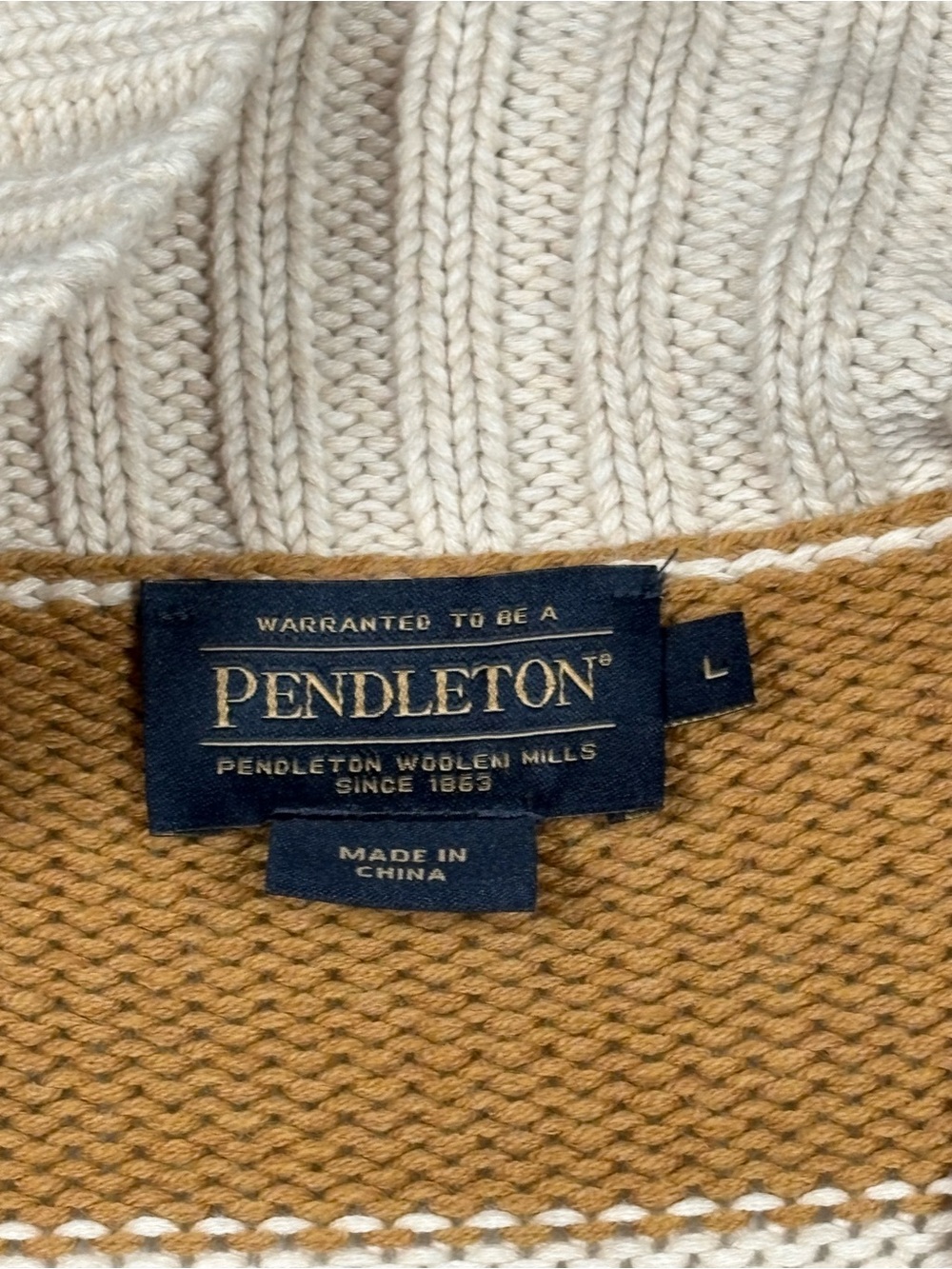 Pendleton Camel Shawl-Collar Cardigan with Red and Teal Stripe Accents - Picture 6 of 12